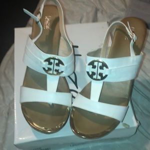 brand new gold and white cork wedges